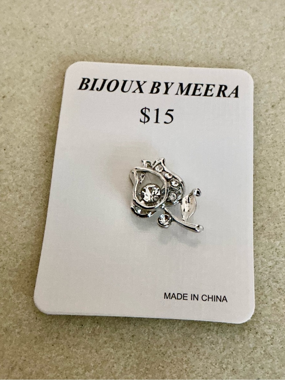 Silver Floral Crystal Brooch, 1”